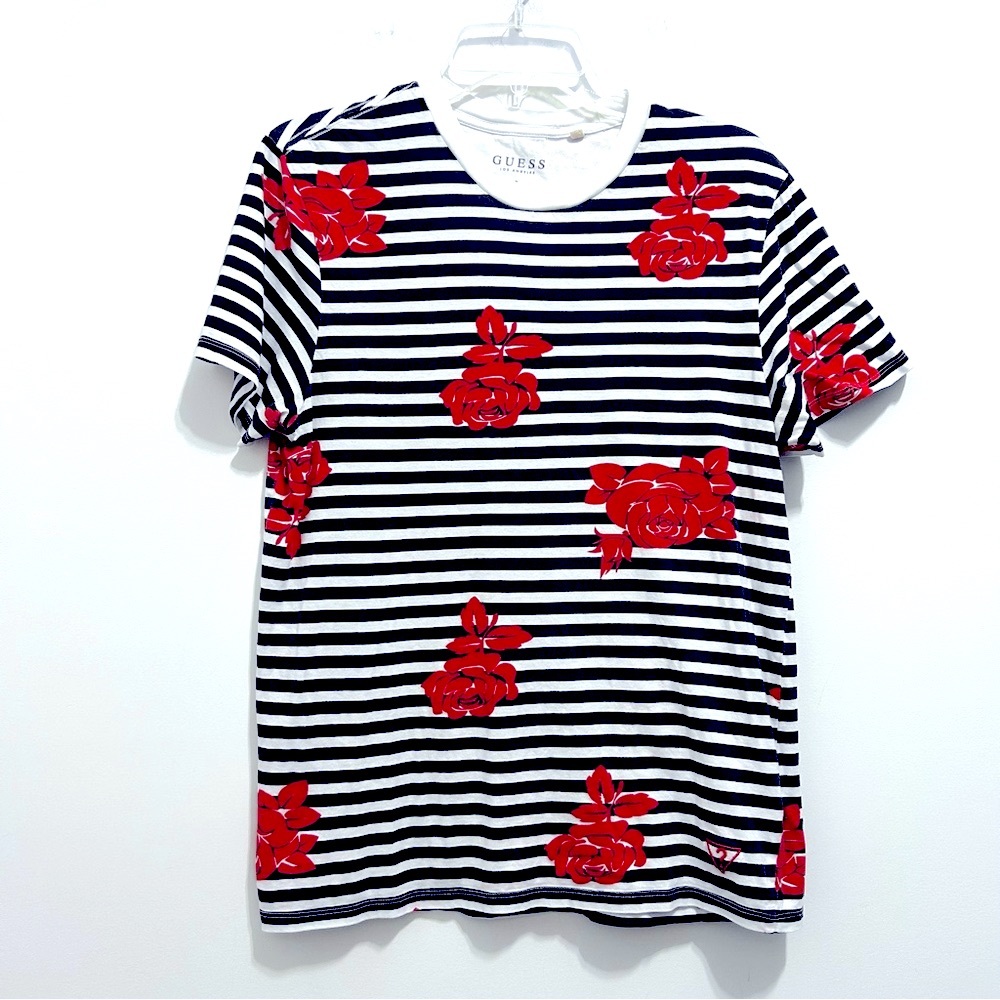 Guess Women’s Roses and Stripes Tee Shirt